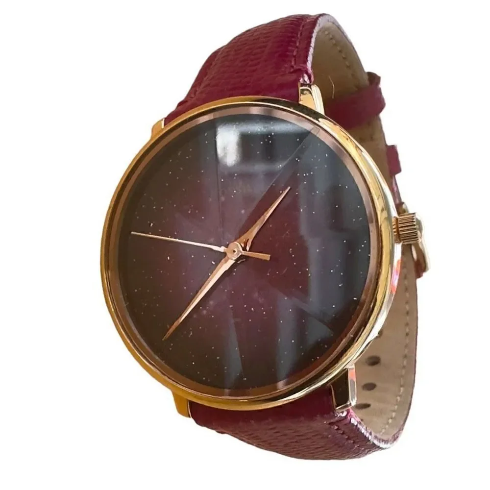 FOSSIL Prismatic Galaxy Three Hand Fuchsia Leather Band Raised Crystal Analog Wa - Picture 8 of 10